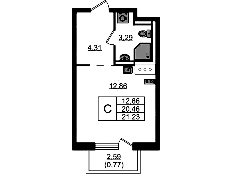 Квартира студия 21.23 м², 5/13 эт., ЖК «Квартал Торики»